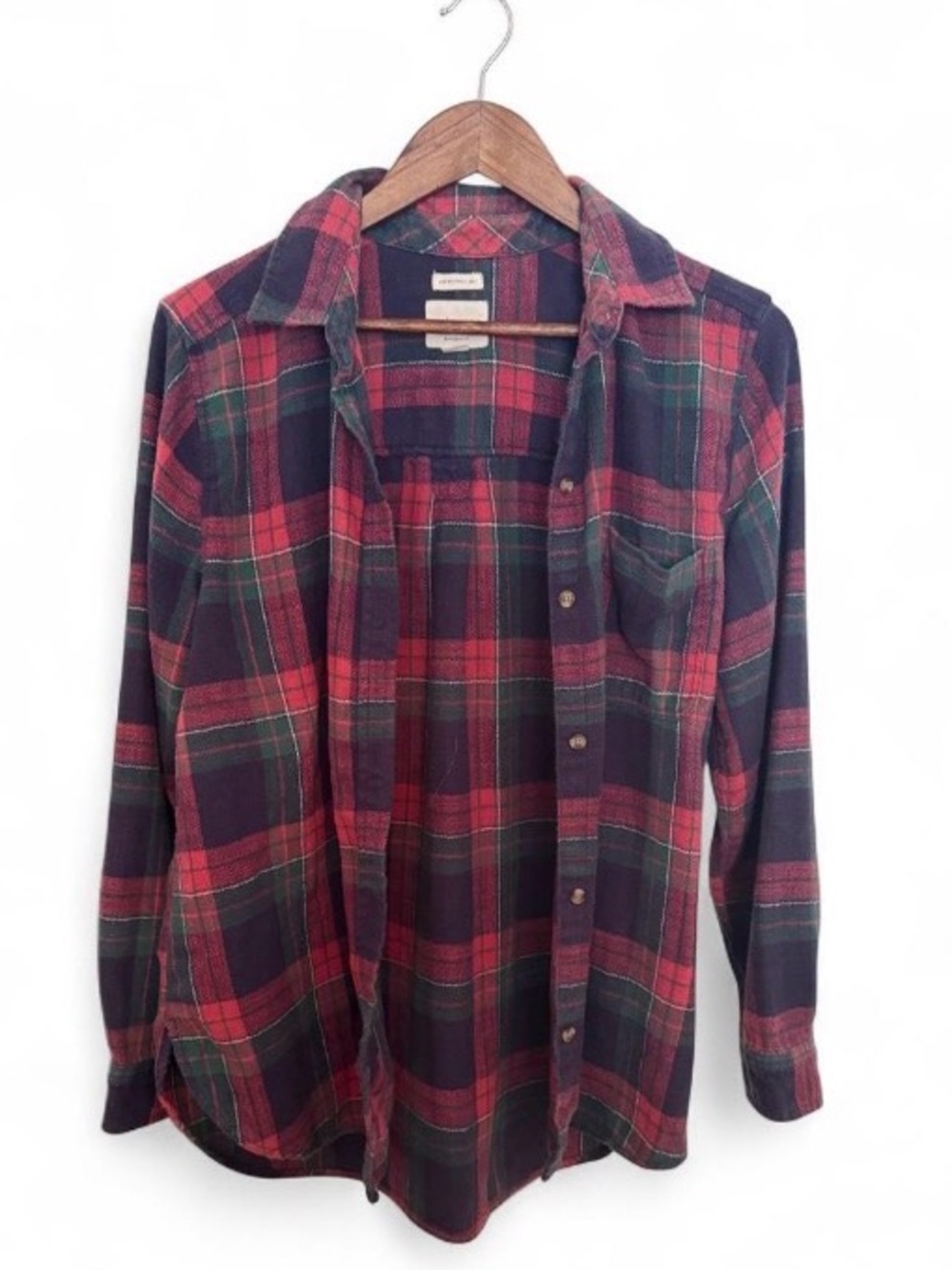 American Eagle Outfitters Red and Dark Green Plaid Button-Down Shirt
